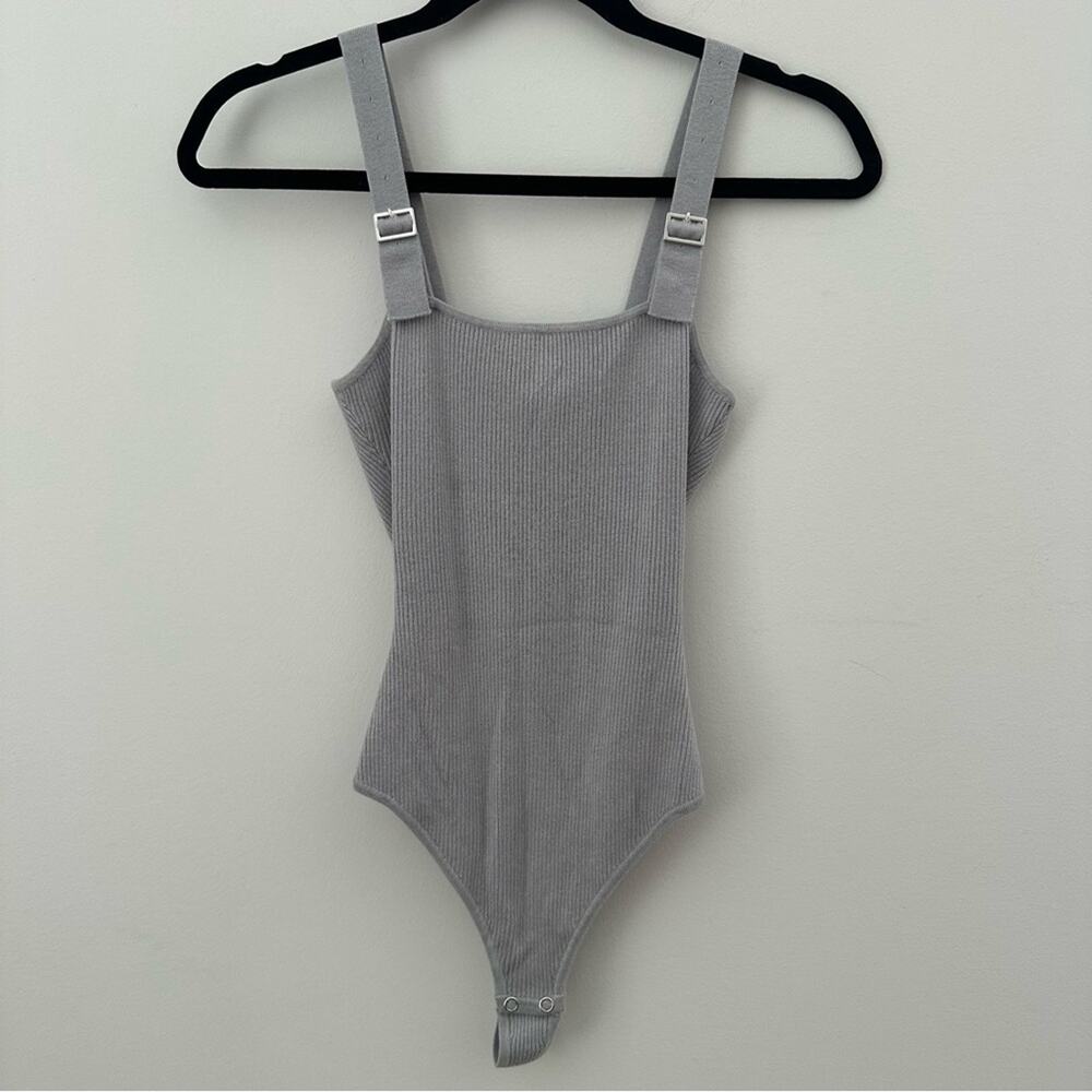 NAKD Gray Sleeveless Ribbed Bodysuit with Square Neckline Adjustable Straps XS